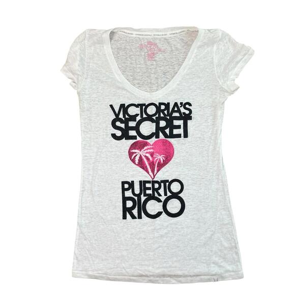 Victorias Secret T Shirt Womens Puerto Rico White Glitter Palm Trees Heart Sz M - Picture 1 of 9